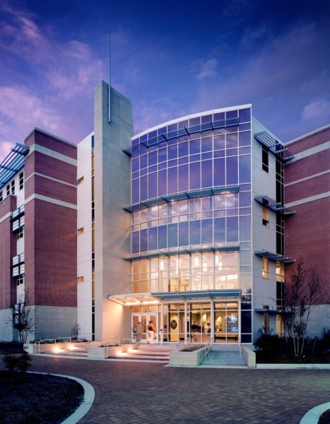 Outdoor view of college campus at dusk