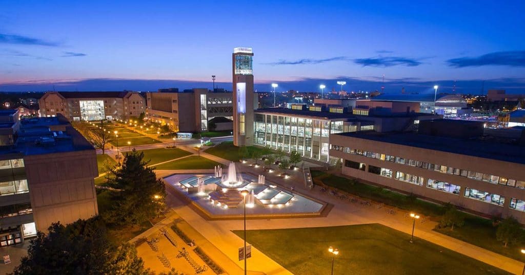 Outdoor view of college campus at night