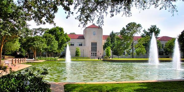 Outdoor view of school campus and lake