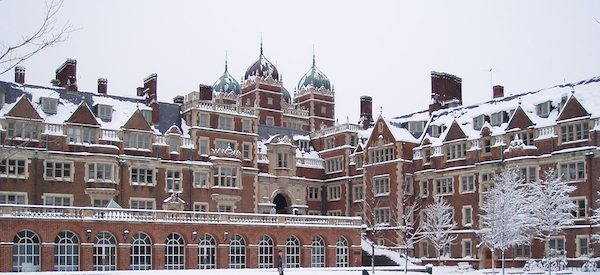 Outdoor view of college campus during winter covered in snow