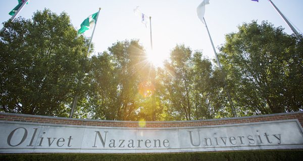 Olivet Nazarene University sign outdoors on campus