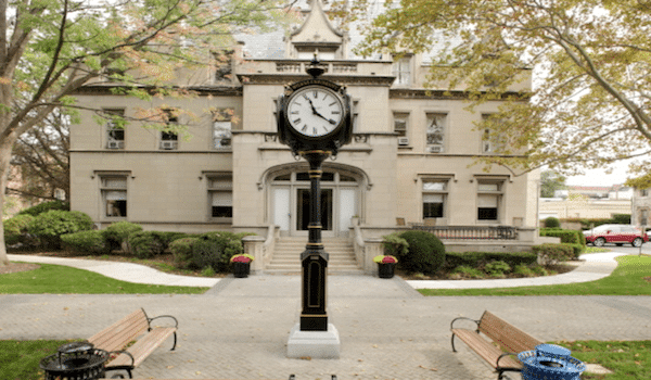 Outdoor view of college campus and clock