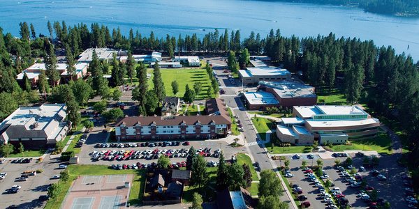 Outdoor view of college campus and lake