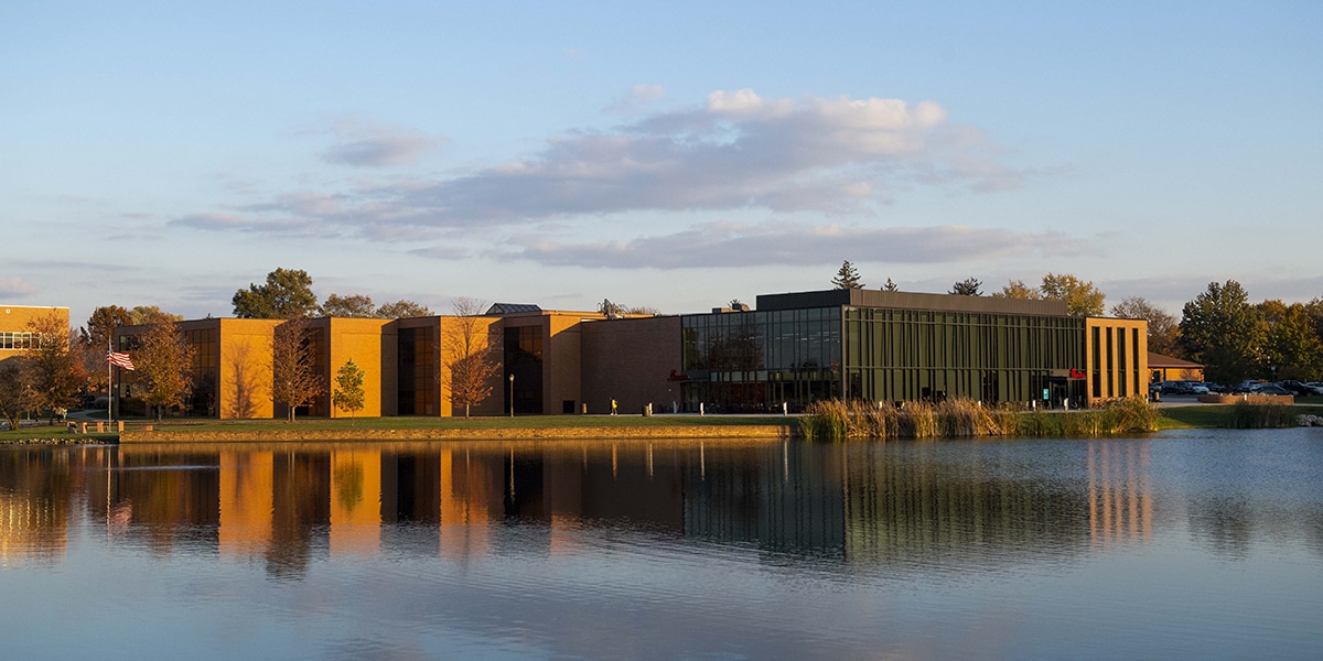 Outdoor view of college campus and lake