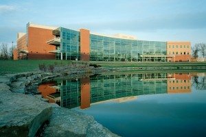 Outdoor view of college campus and lake