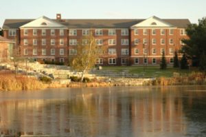 Outdoor view of college campus and lake