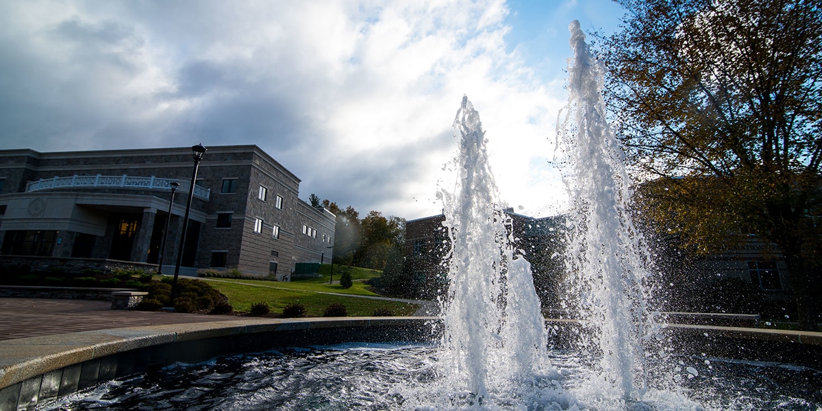 Outdoor view of college campus and fountain