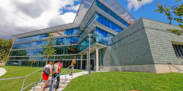 Outdoor view of college campus and students