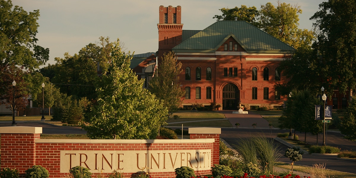 Outdoor view of Trine University campus and outdoor sign
