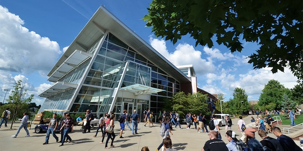 Outdoor view of college campus and students