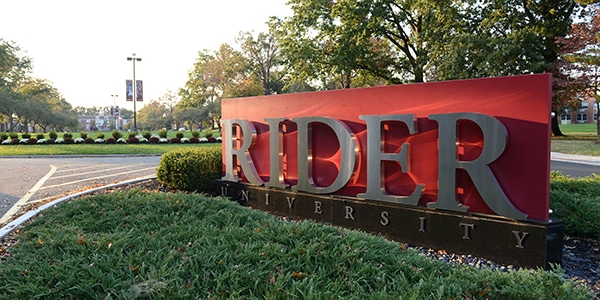 Rider University sign and campus