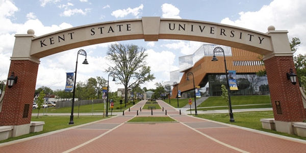 Kent State University arch and campus with students