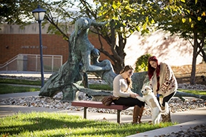 Two female students petting dog on college campus