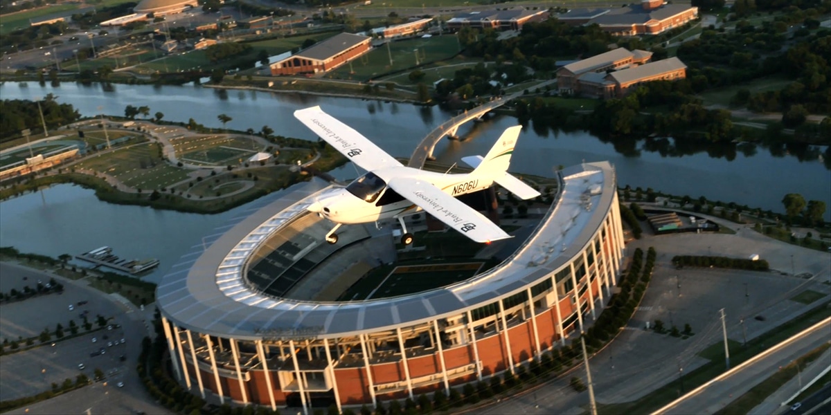 Outdoor view of Baylor University campus and airplane
