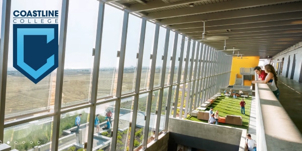 Coastline Community College building and students in hallway