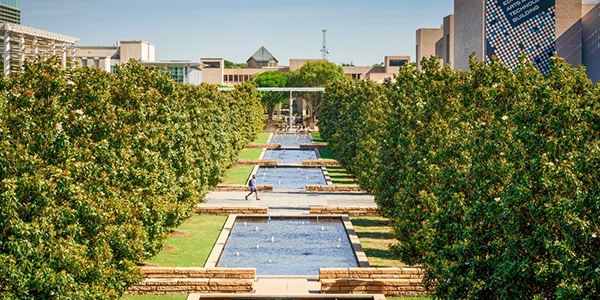 Outdoor view of college campus and pools