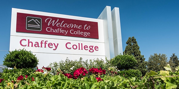 Chaffey College sign on campus outdoors
