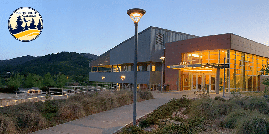 Outdoor view of Mendocino College campus in the evening
