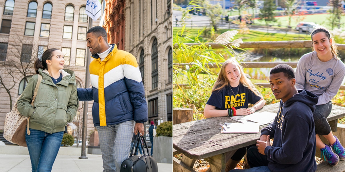 Two college students walking and group of students sitting on table outdoors