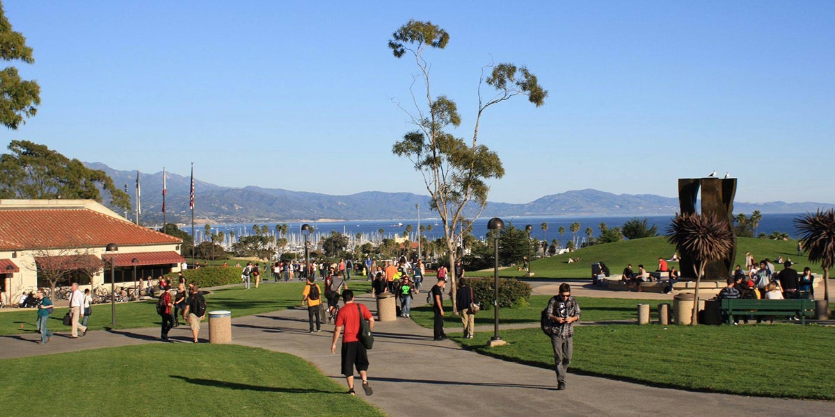 Outdoor view of Santa Barbara City College campus and students