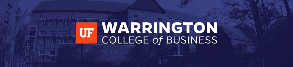 Warrington College of Business logo overlaid on image of college campus