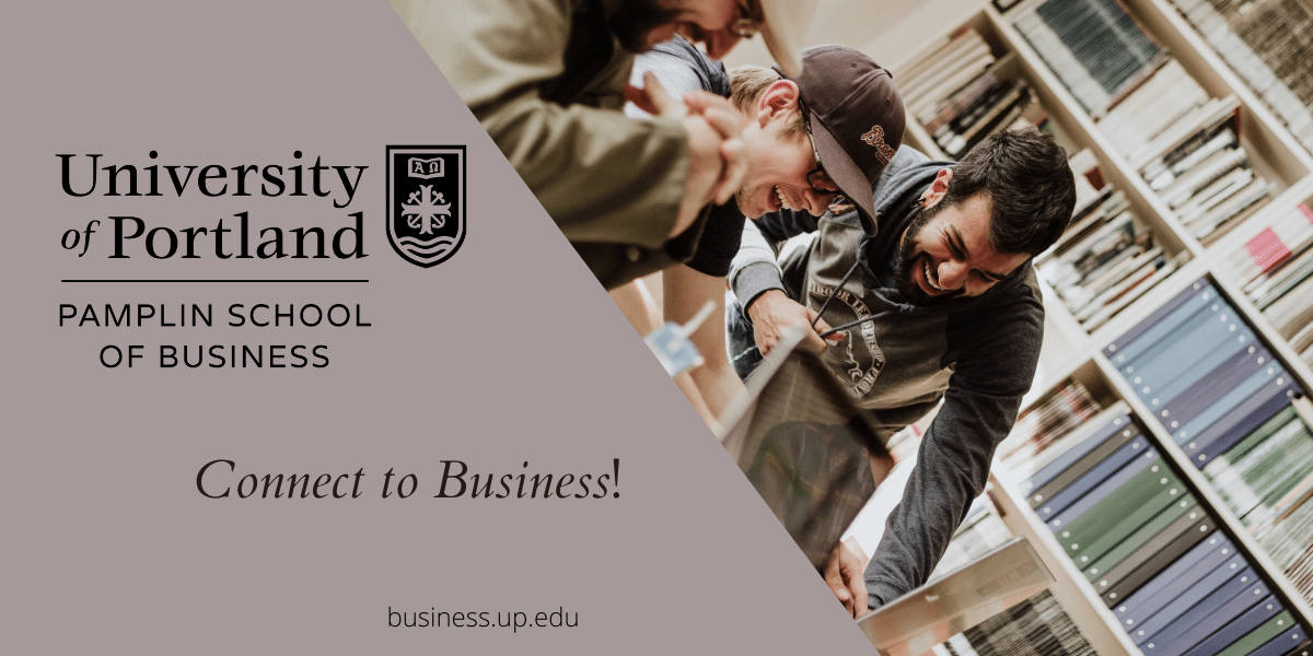 University of Portland Business School graphic with college students