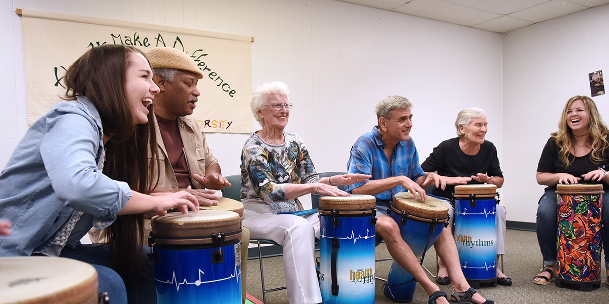 Students at an ethnic drum class