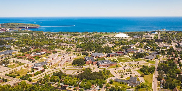 Outdoor view of college campus and lake