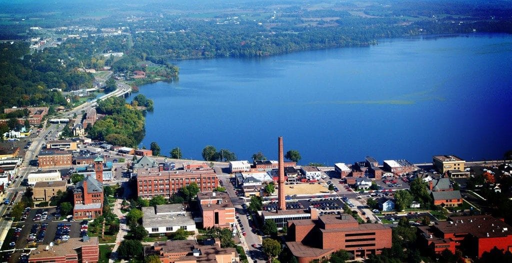 Outdoor view of university and lake