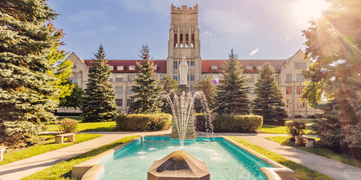 Outdoor view of college campus and fountain