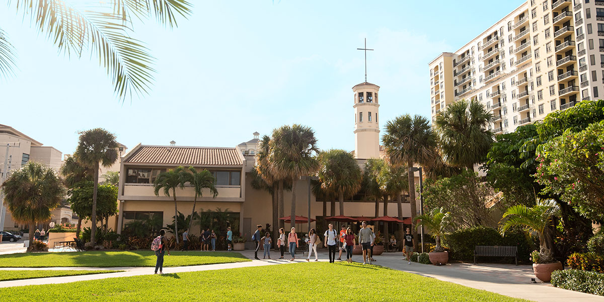 Outdoor view of college campus and students