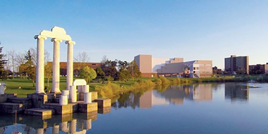 Outdoor view of college campus and lake