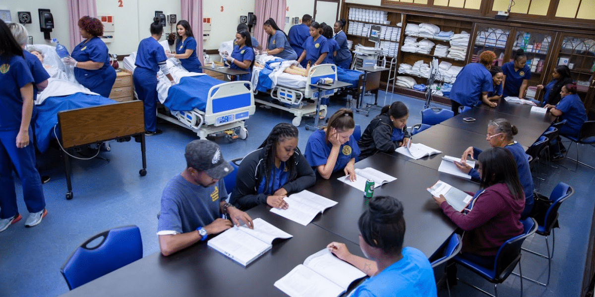 Nursing students in a mock hospital
