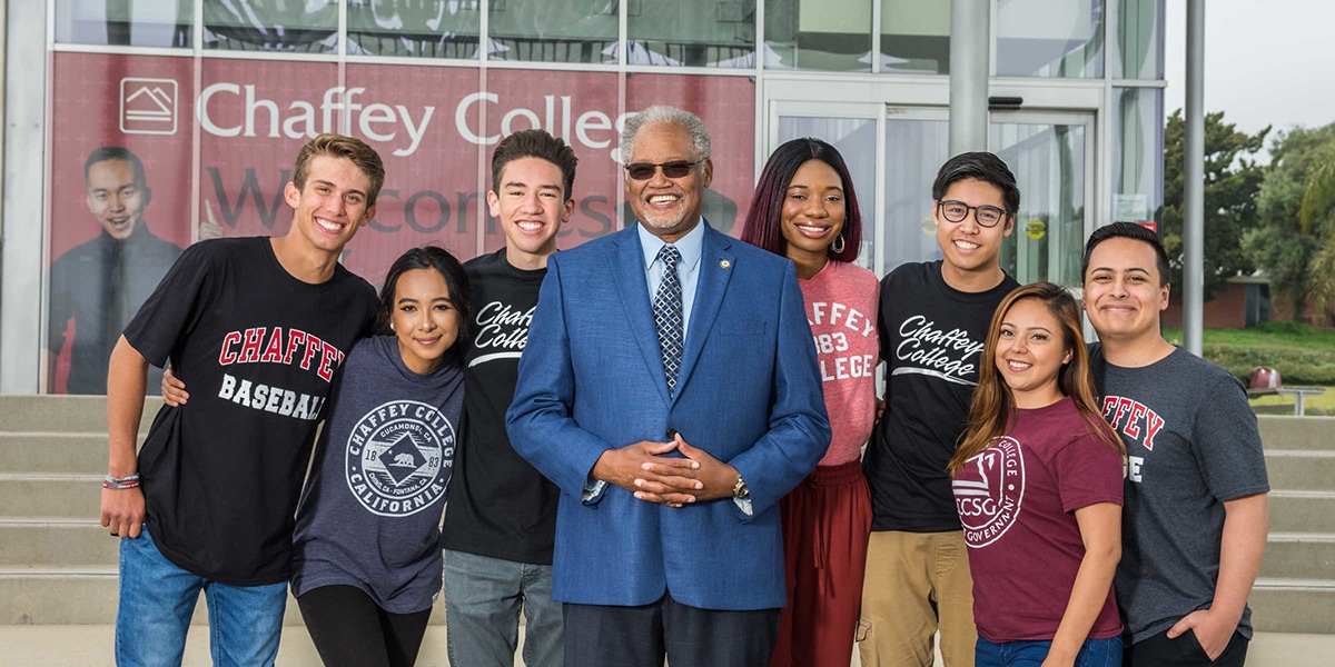 College professor and students standing on Chaffey College campus