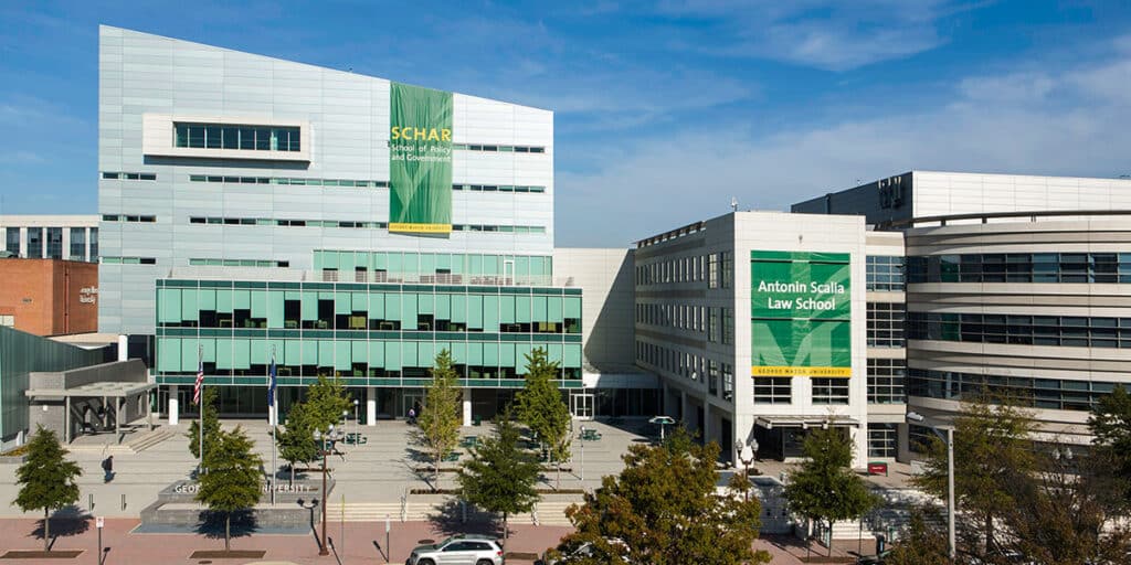 Outdoor view of Antonin Scalia college campus and banner