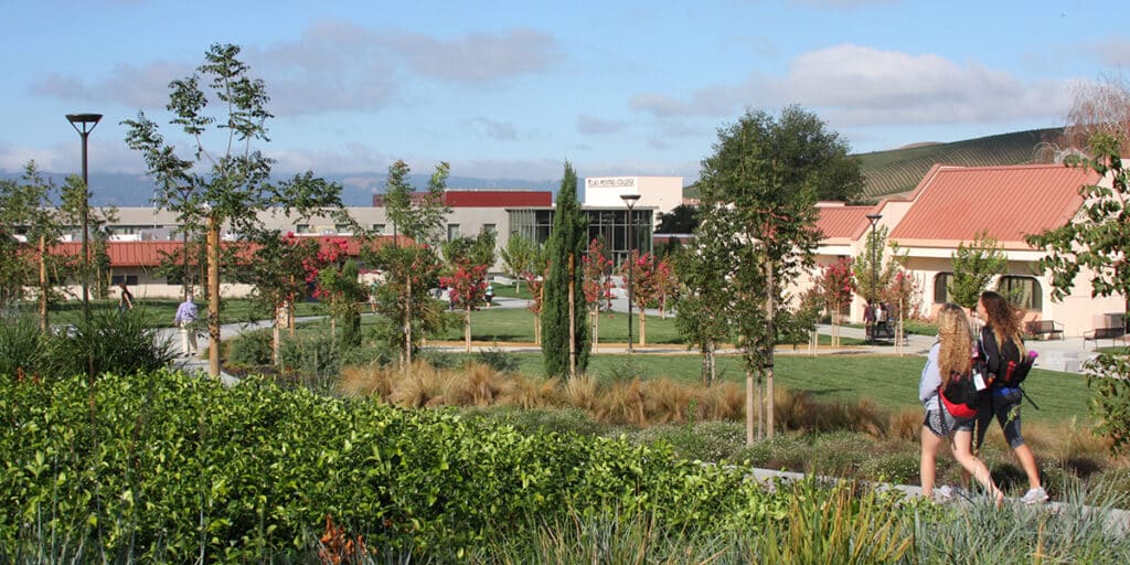 Outdoor view of college campus and students