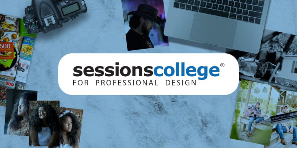 Sessions College for professional design graphic with laptop and camera