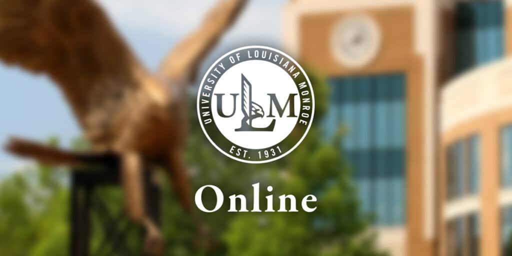 University of Louisiana Monroe logo on blurred background of campus