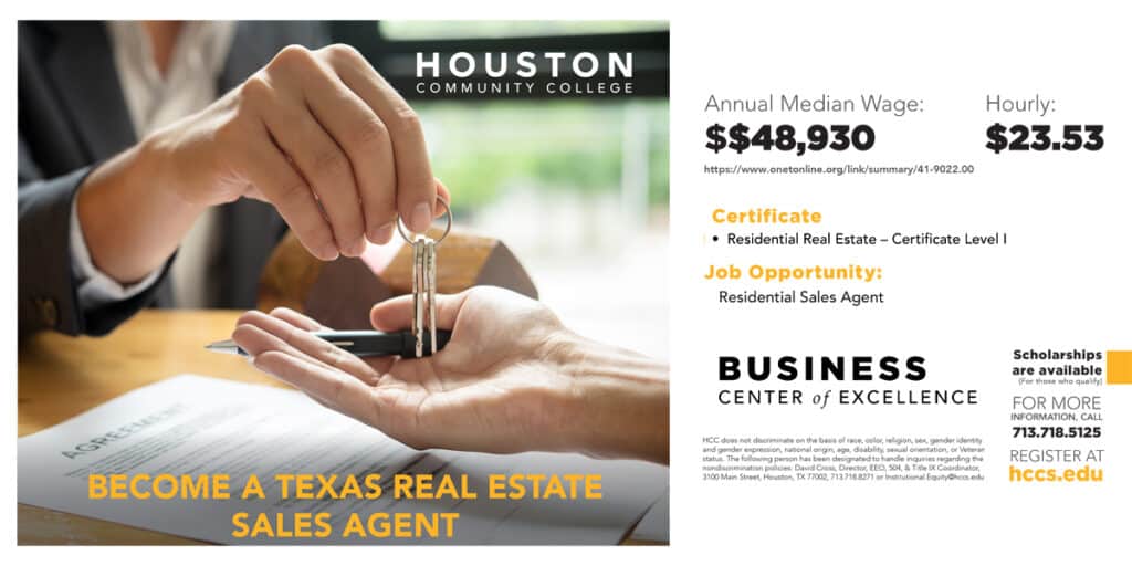 Houston Community College graphic promoting real estate program