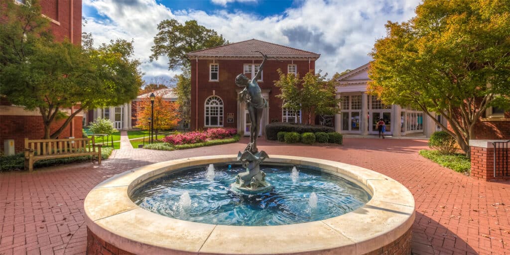 Outdoor view of college campus and fountain